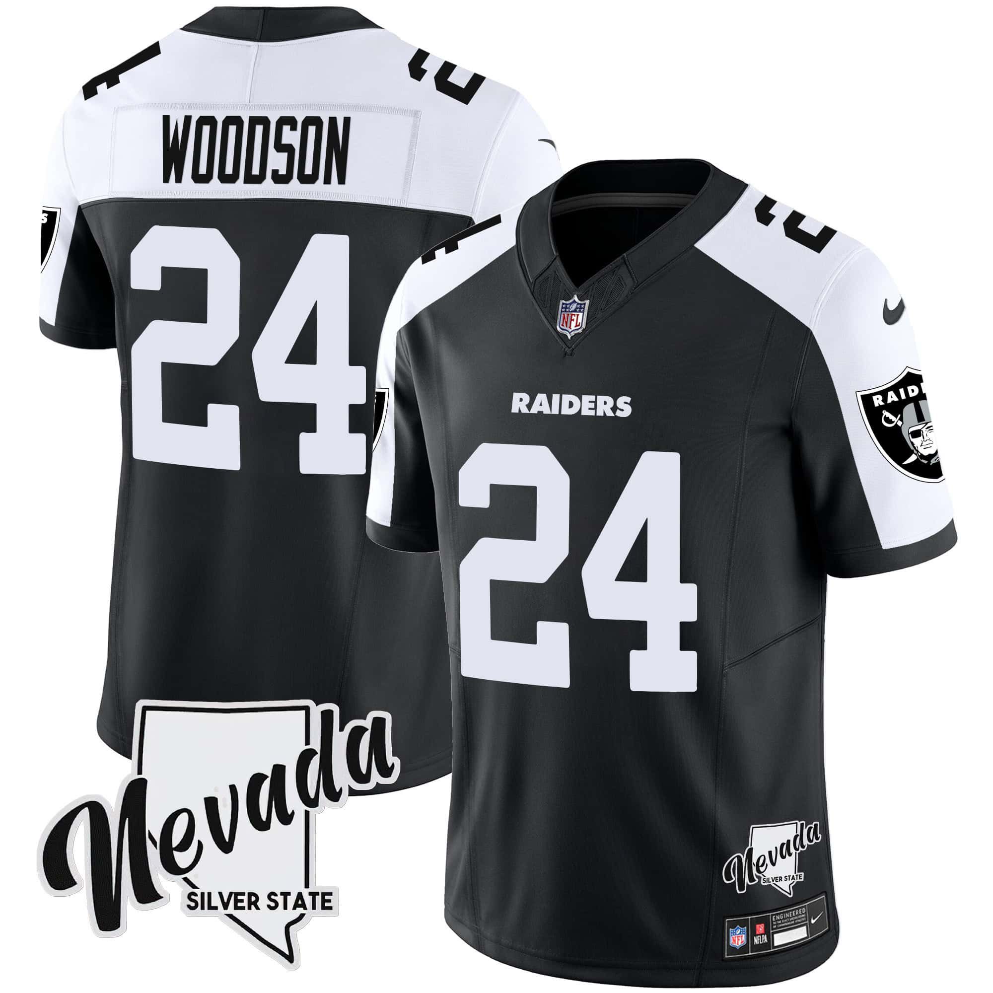 Men Oakland Raiders #24 Woodson Black 2024 Nike Nevada Silver State Patch Vapor NFL Jersey